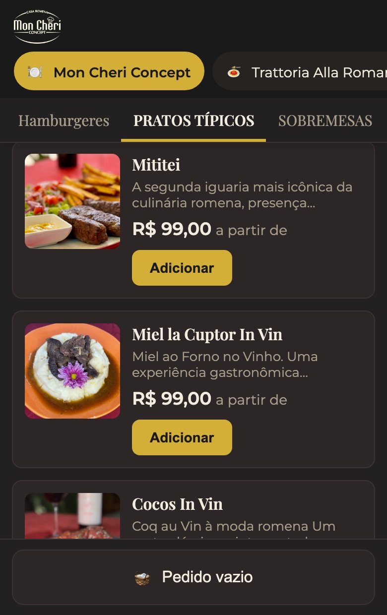 Cardápio digital aberto no celular do cliente: foto, descrição e botão de adicionar em cada prato.